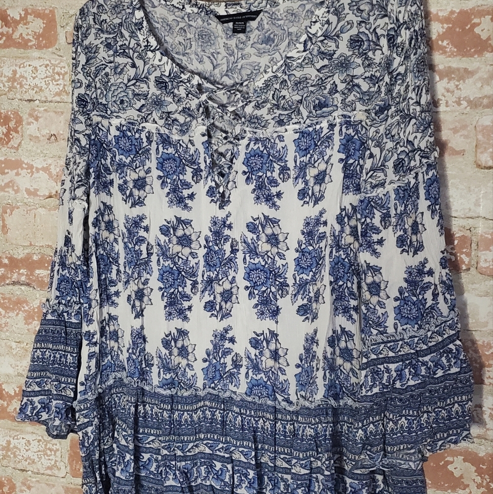 American Eagle Outfitters AEO Floral Print Cross Boho Peasant Tunic